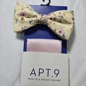 Apt 9 Men's Bow Tie & Pocket Square Matching Set Pink Satin Pre-Tied Bowtie NEW